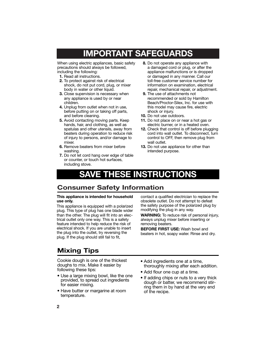 Important safeguards, Save these instructions, Consumer safety information | Mixing tips | Hamilton Beach 840086200 User Manual | Page 2 / 10