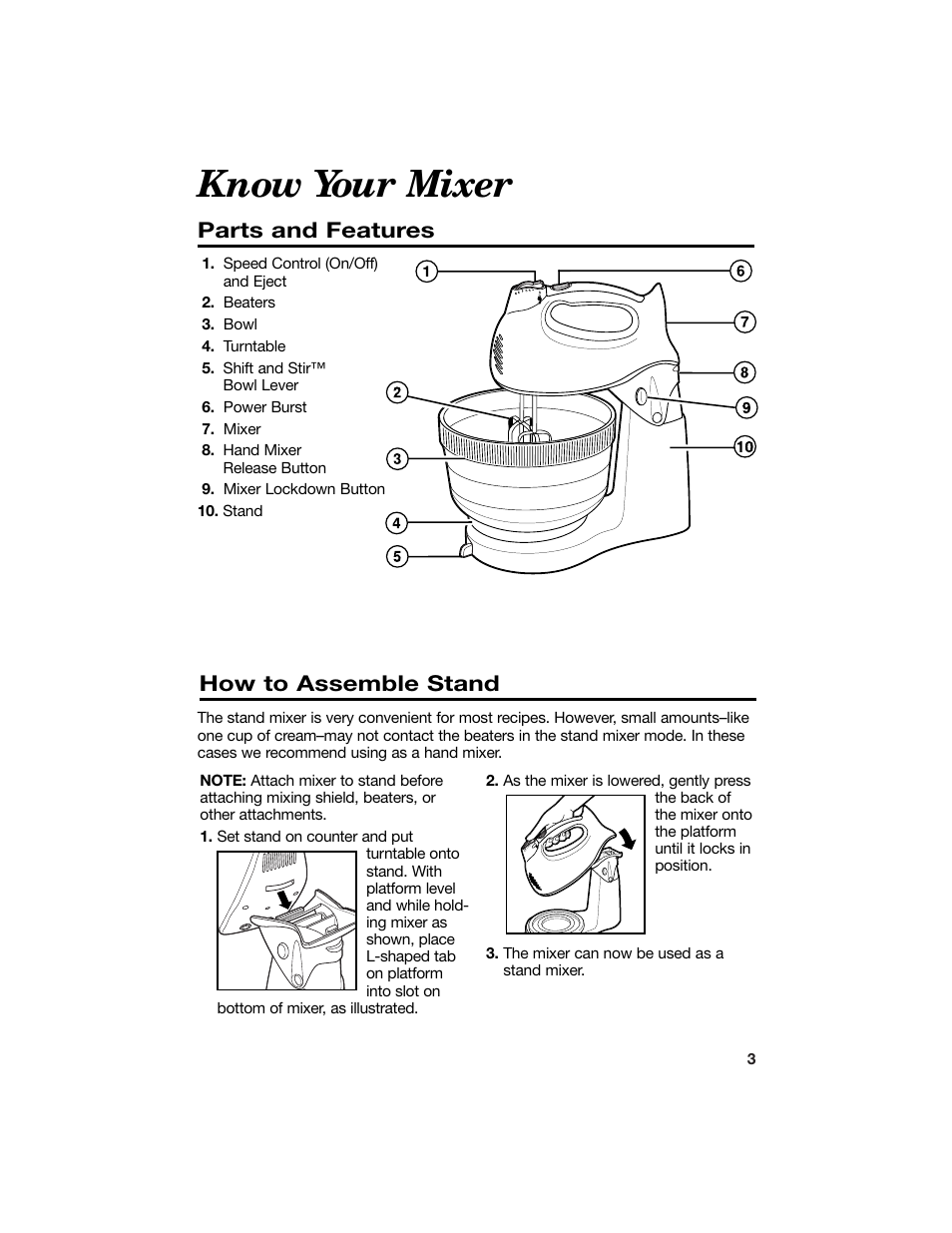 Know your mixer, Parts and features, How to assemble stand | Hamilton Beach 840086200 User Manual | Page 3 / 10