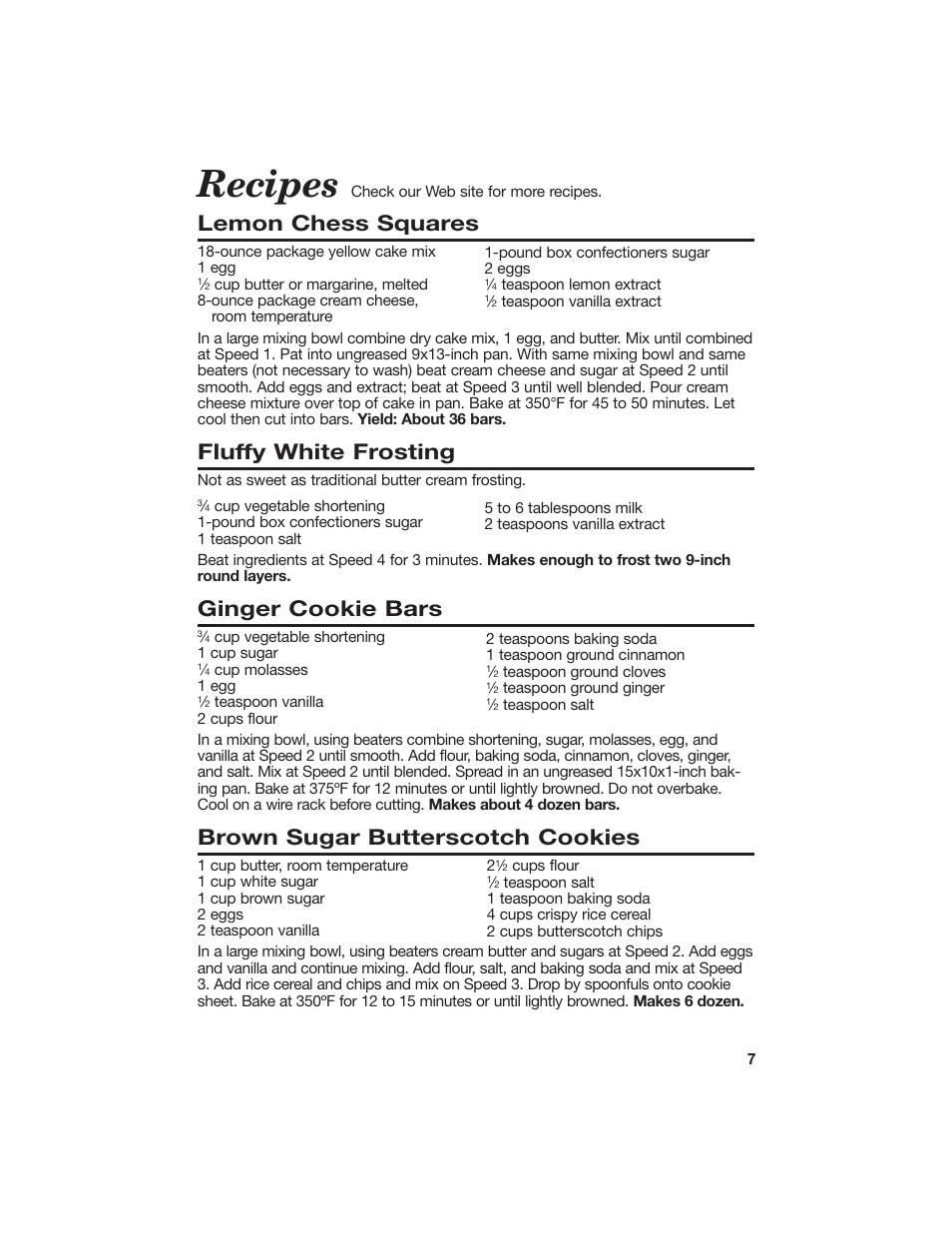 Recipes, Lemon chess squares, Fluffy white frosting | Ginger cookie bars, Brown sugar butterscotch cookies | Hamilton Beach 840086200 User Manual | Page 7 / 10