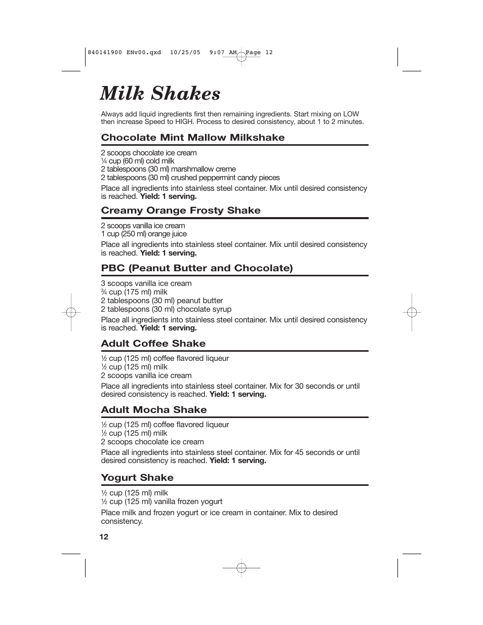 Milk shakes, Chocolate mint mallow milkshake, Creamy orange frosty shake | Pbc (peanut butter and chocolate), Adult coffee shake, Adult mocha shake, Yogurt shake | Hamilton Beach 840141900 User Manual | Page 12 / 40