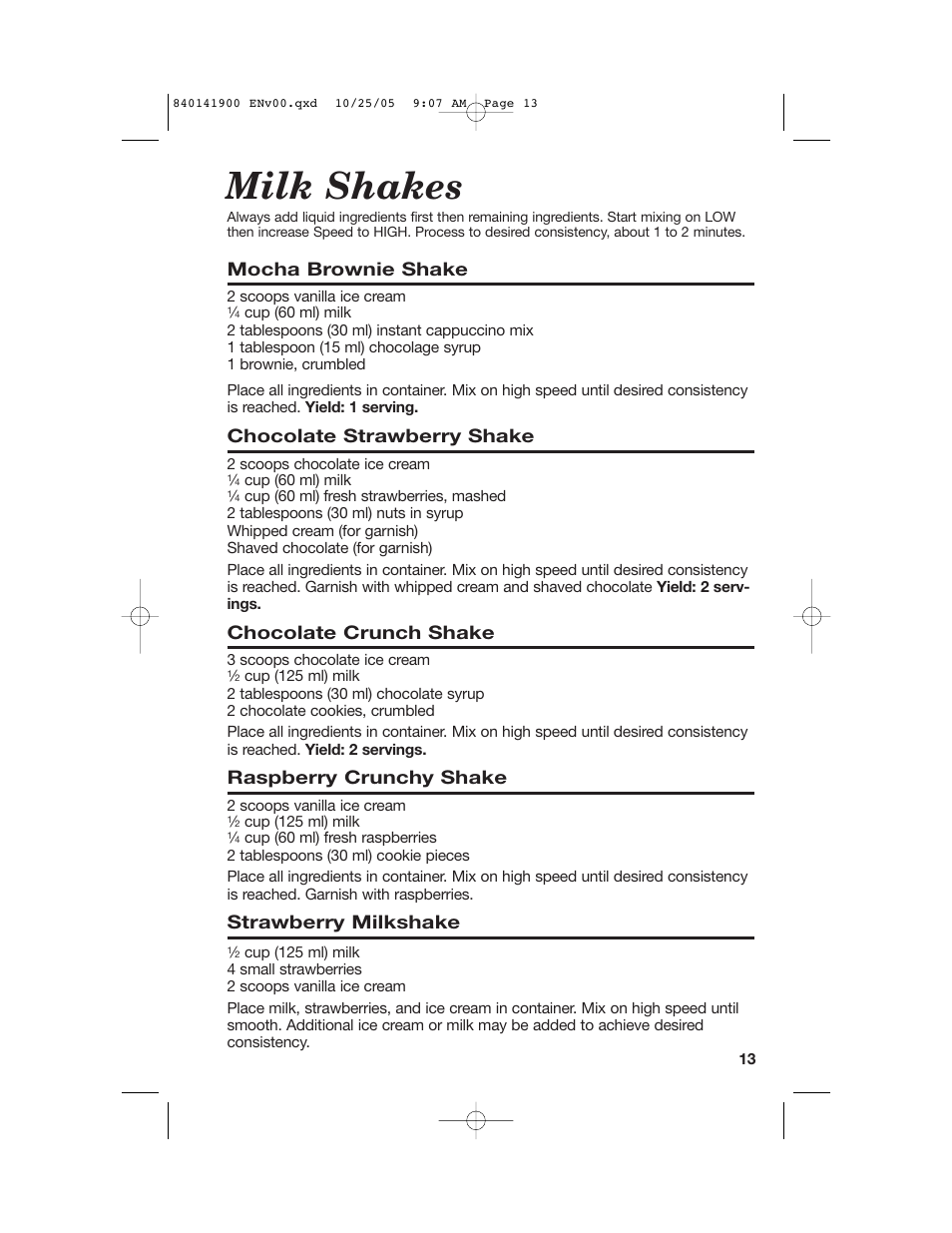 Milk shakes, Mocha brownie shake, Chocolate strawberry shake | Chocolate crunch shake, Raspberry crunchy shake, Strawberry milkshake | Hamilton Beach 840141900 User Manual | Page 13 / 40