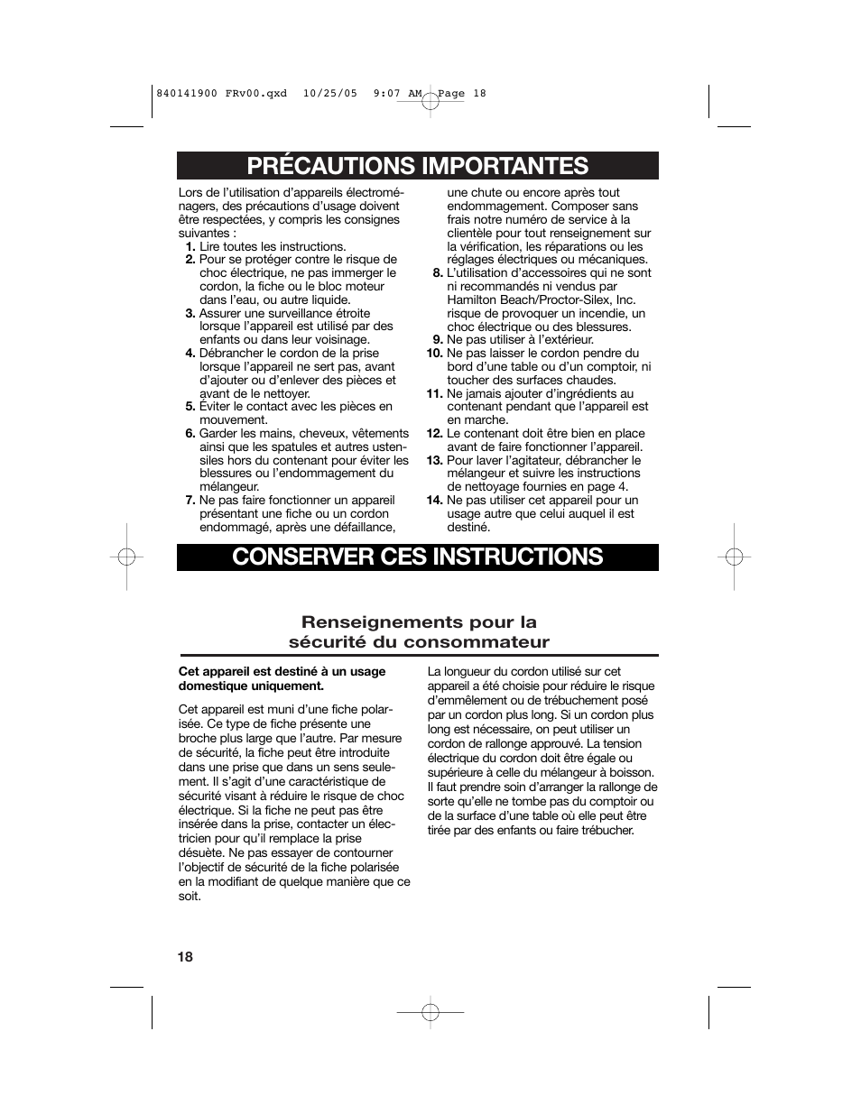 Précautions importantes, Conserver ces instructions | Hamilton Beach 840141900 User Manual | Page 18 / 40