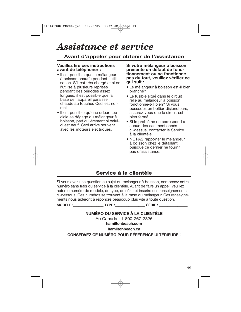 Assistance et service | Hamilton Beach 840141900 User Manual | Page 19 / 40