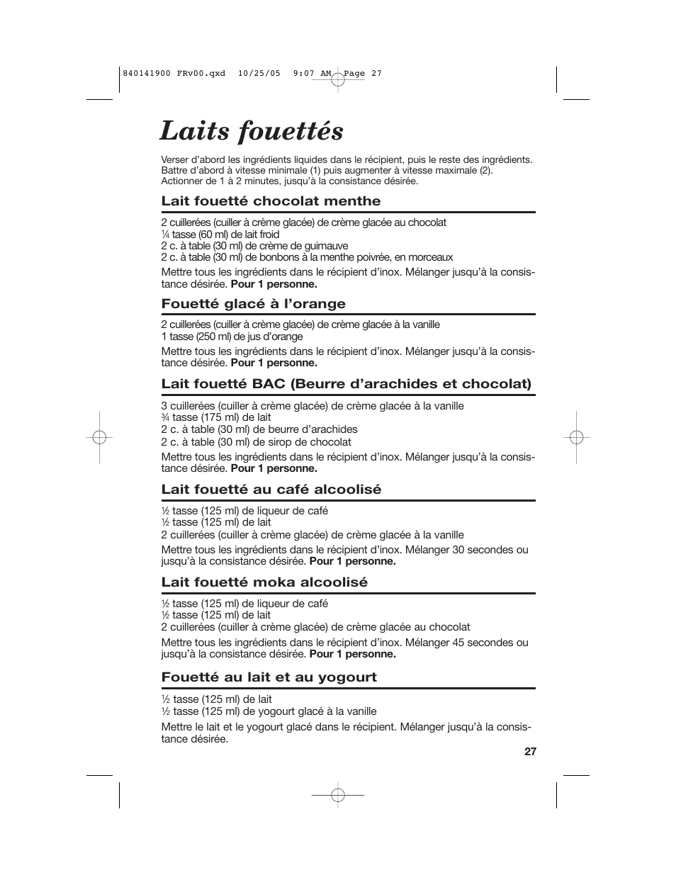 Laits fouettés, Lait fouetté chocolat menthe, Fouetté glacé à l’orange | Lait fouetté bac (beurre d’arachides et chocolat), Lait fouetté au café alcoolisé, Lait fouetté moka alcoolisé, Fouetté au lait et au yogourt | Hamilton Beach 840141900 User Manual | Page 27 / 40