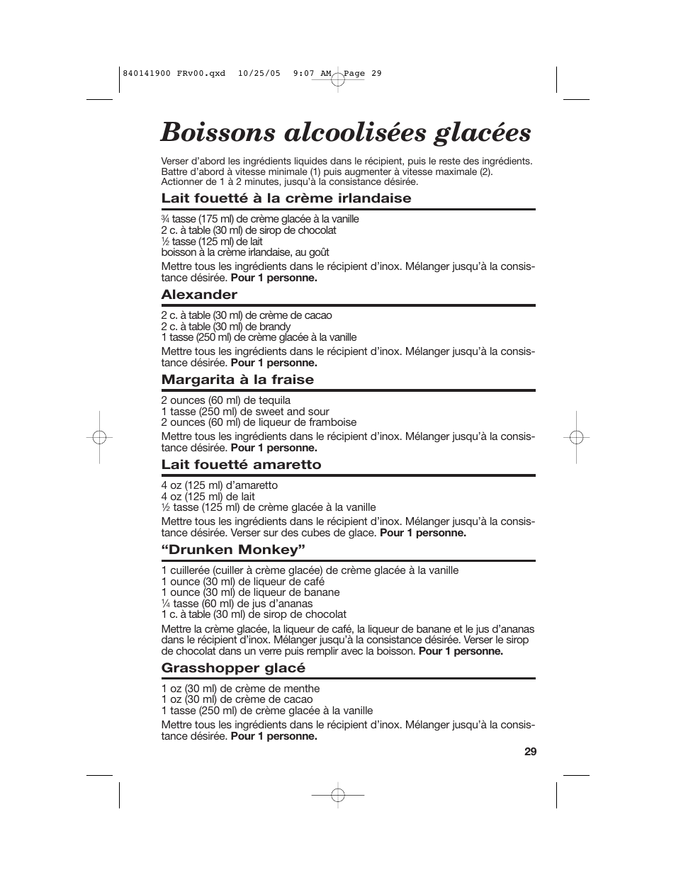 Boissons alcoolisées glacées | Hamilton Beach 840141900 User Manual | Page 29 / 40