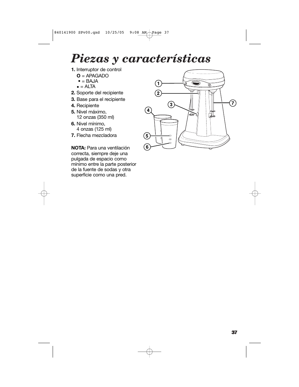 Piezas y características | Hamilton Beach 840141900 User Manual | Page 37 / 40