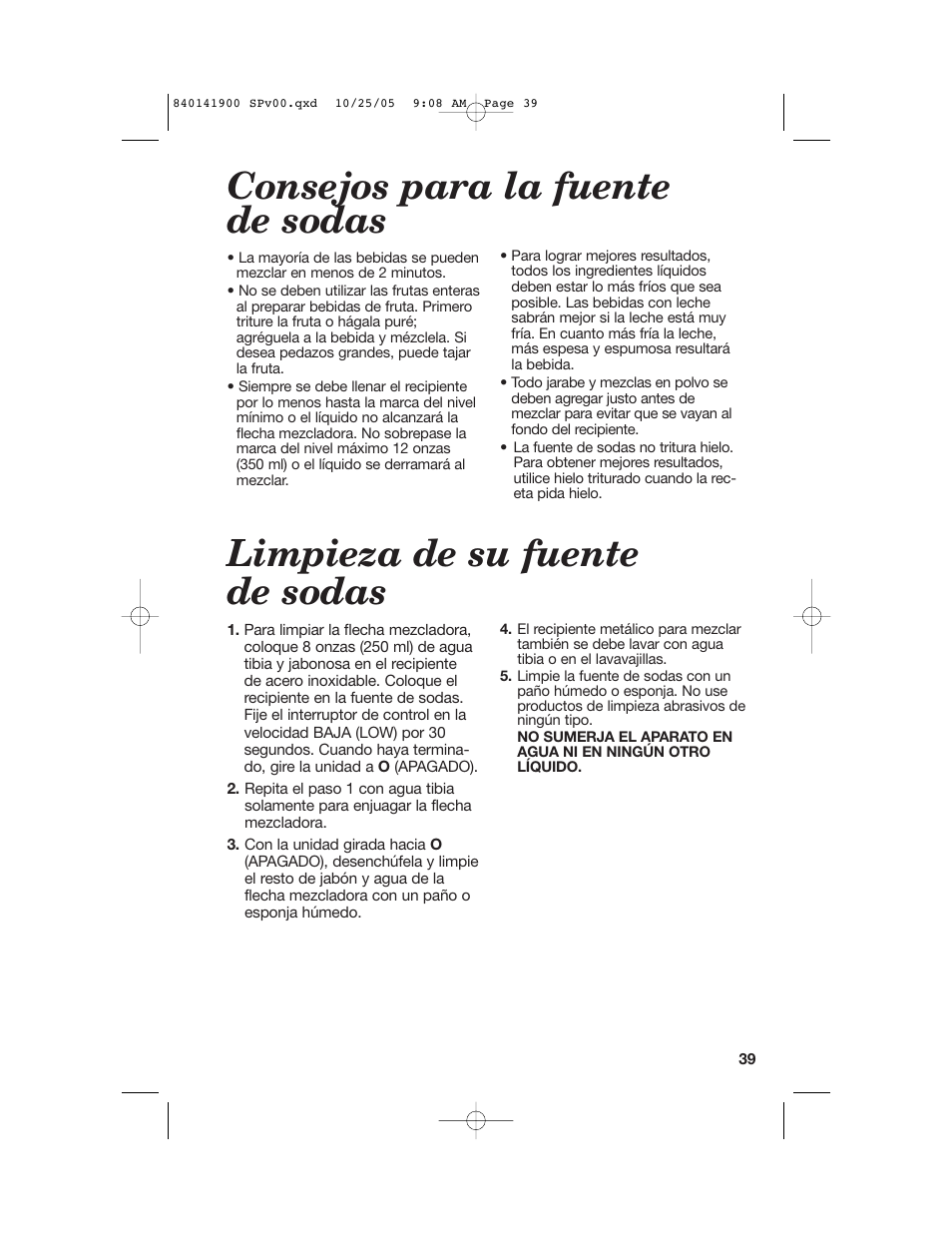 Consejos para la fuente de sodas, Limpieza de su fuente de sodas | Hamilton Beach 840141900 User Manual | Page 39 / 40