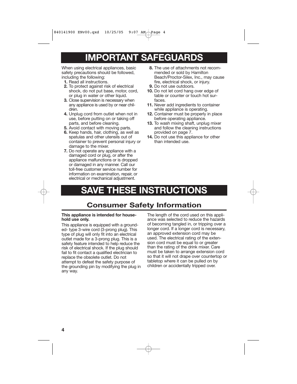 Important safeguards, Save these instructions, Consumer safety information | Hamilton Beach 840141900 User Manual | Page 4 / 40