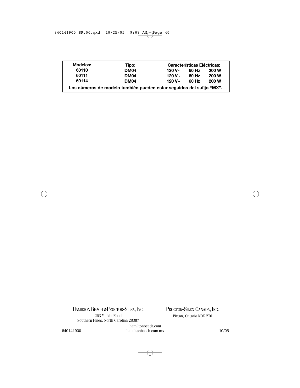 Hamilton Beach 840141900 User Manual | Page 40 / 40