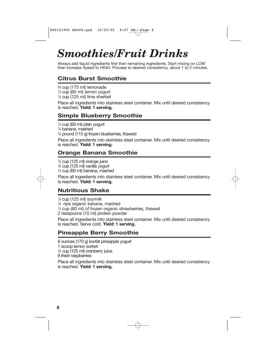 Smoothies/fruit drinks, Citrus burst smoothie, Simple blueberry smoothie | Orange banana smoothie, Nutritious shake, Pineapple berry smoothie | Hamilton Beach 840141900 User Manual | Page 8 / 40