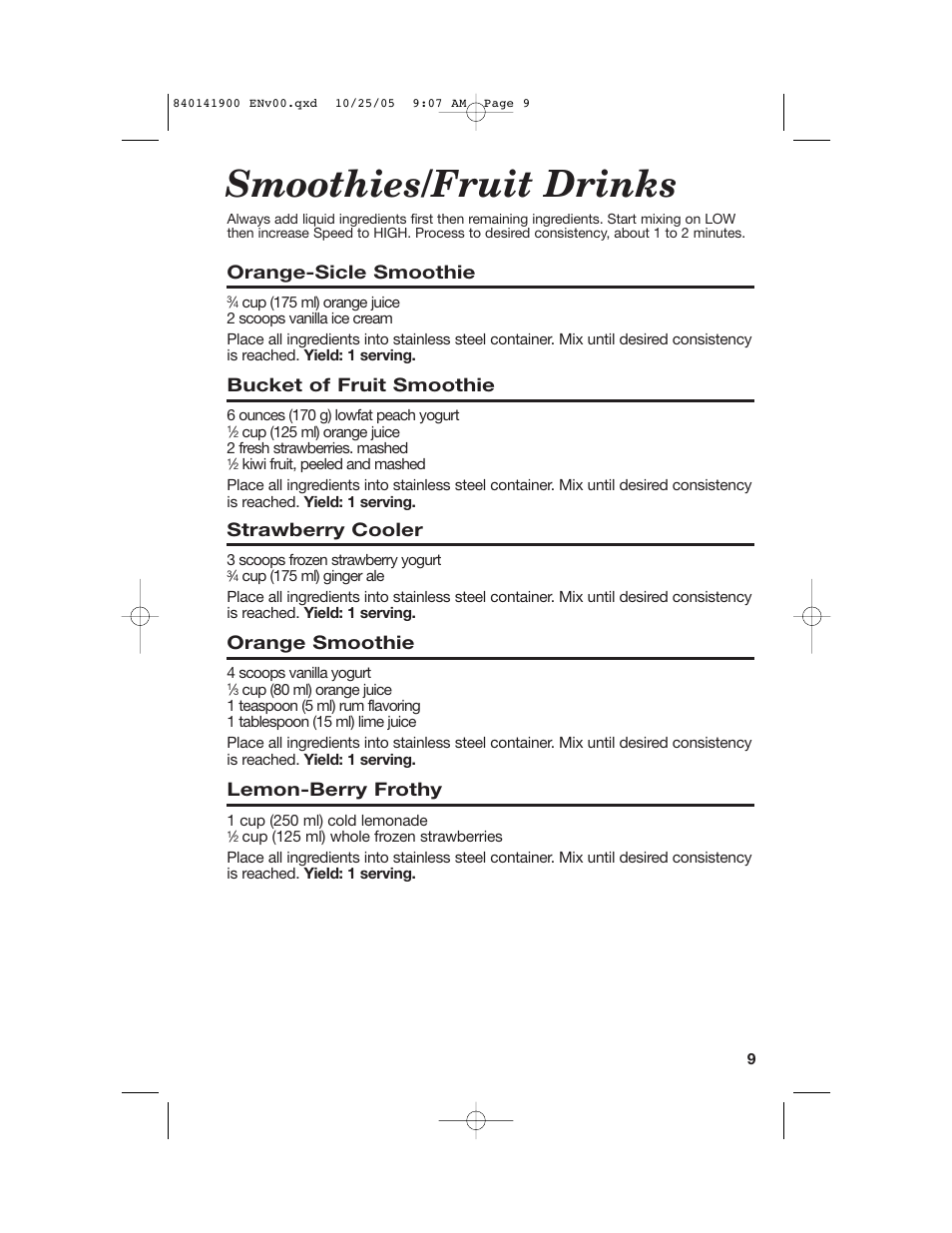 Smoothies/fruit drinks, Orange-sicle smoothie, Bucket of fruit smoothie | Strawberry cooler, Orange smoothie, Lemon-berry frothy | Hamilton Beach 840141900 User Manual | Page 9 / 40