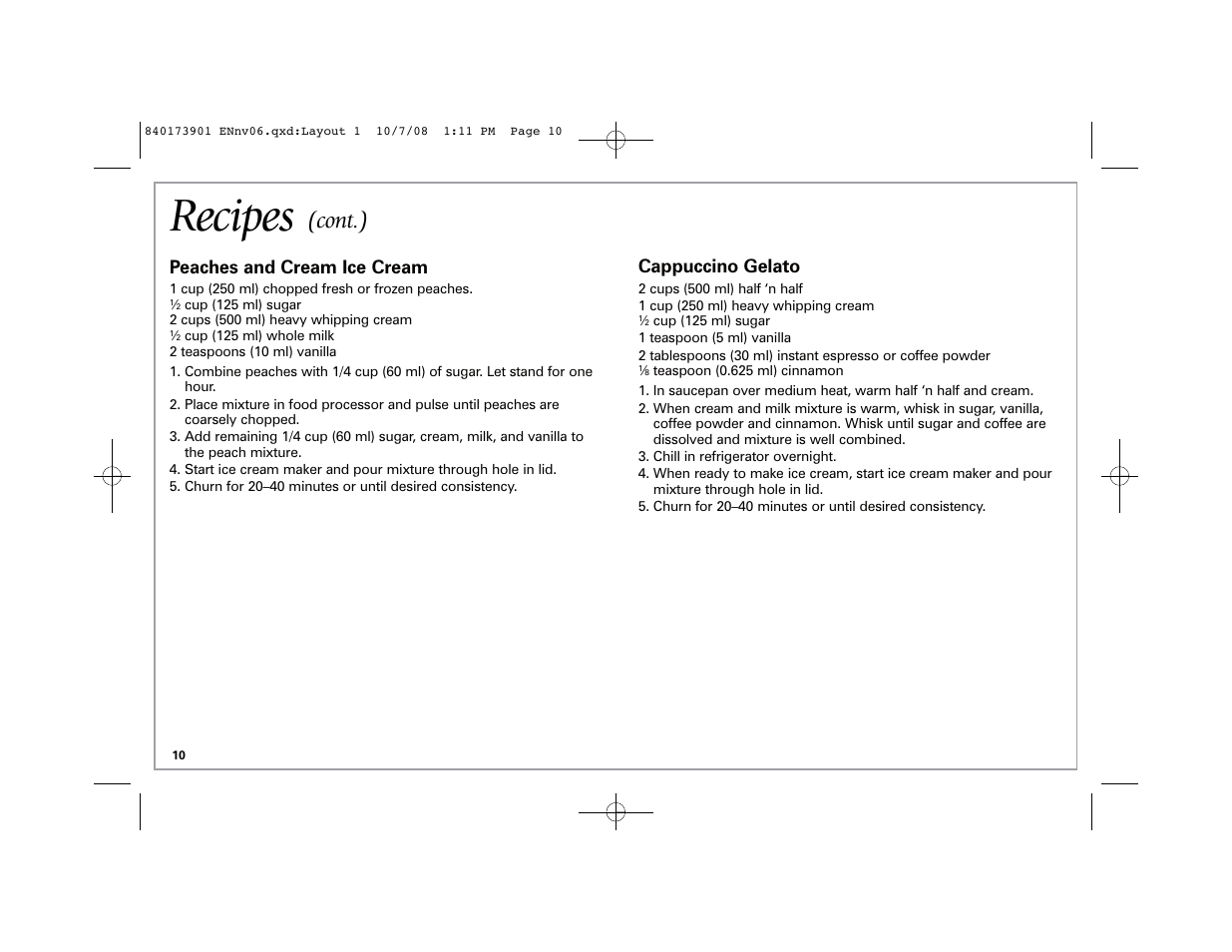 Recipes, Cont.), Peaches and cream ice cream | Cappuccino gelato | Hamilton Beach 68320 User Manual | Page 10 / 32