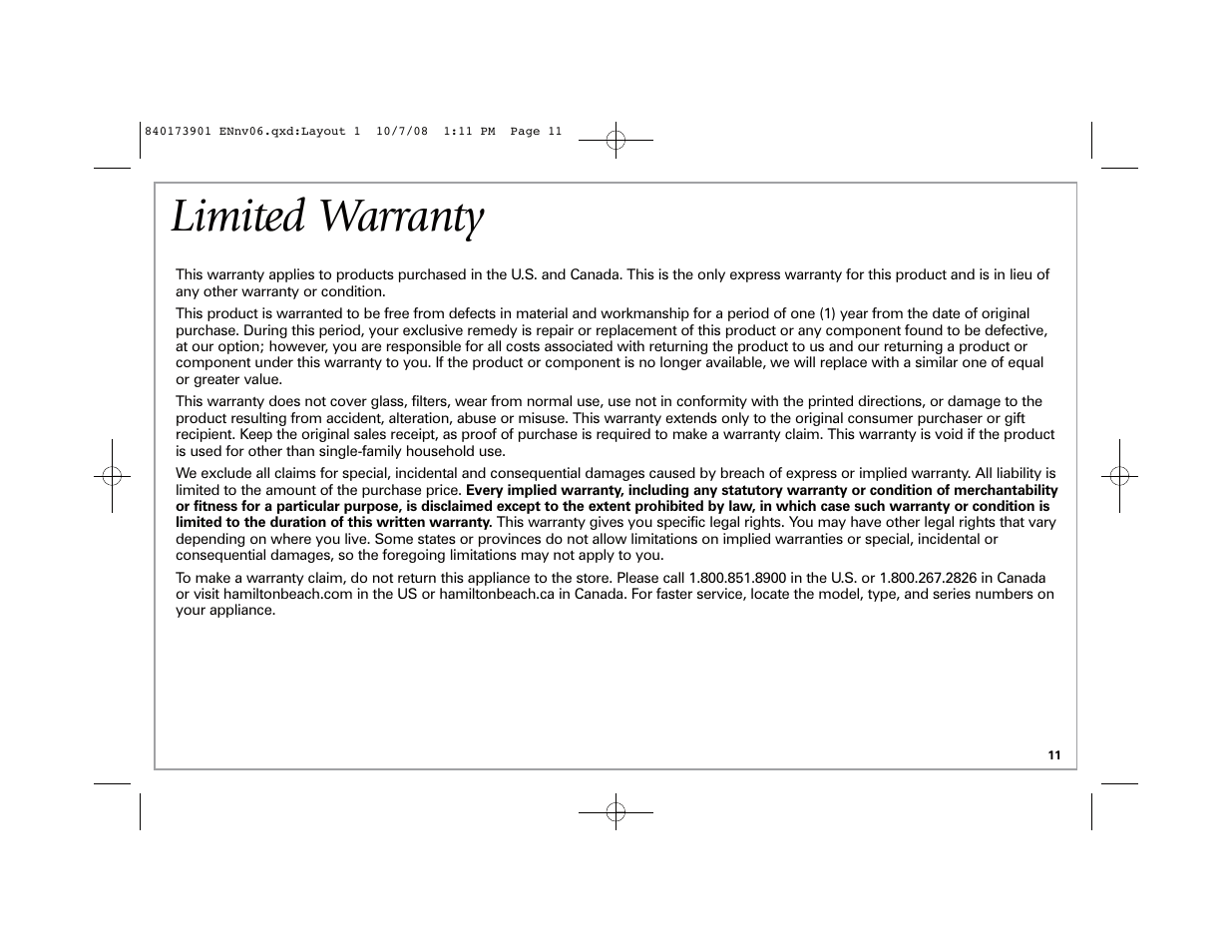 Limited warranty | Hamilton Beach 68320 User Manual | Page 11 / 32