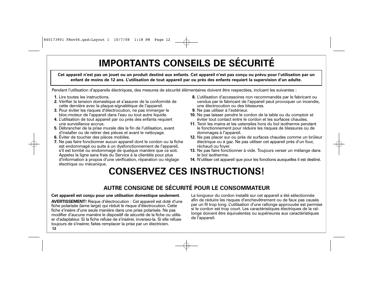 Importants conseils de sécurité, Conservez ces instructions | Hamilton Beach 68320 User Manual | Page 12 / 32