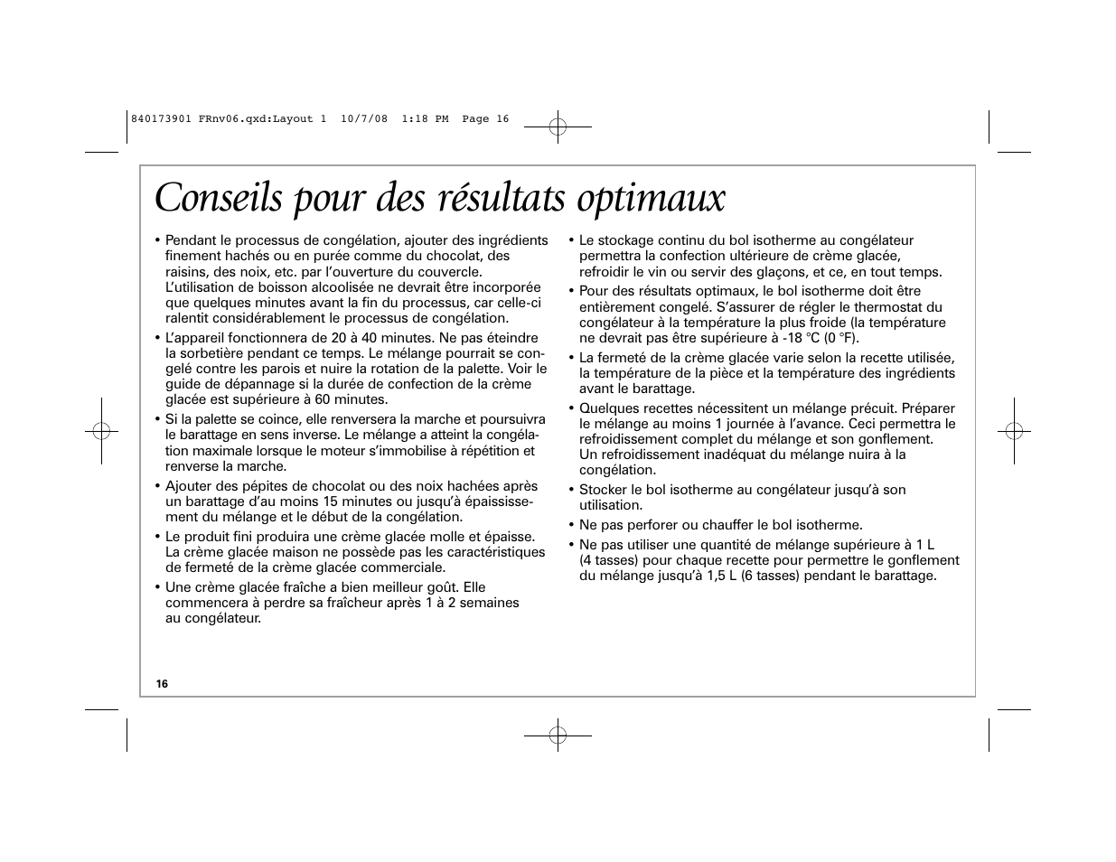 Conseils pour des résultats optimaux | Hamilton Beach 68320 User Manual | Page 16 / 32