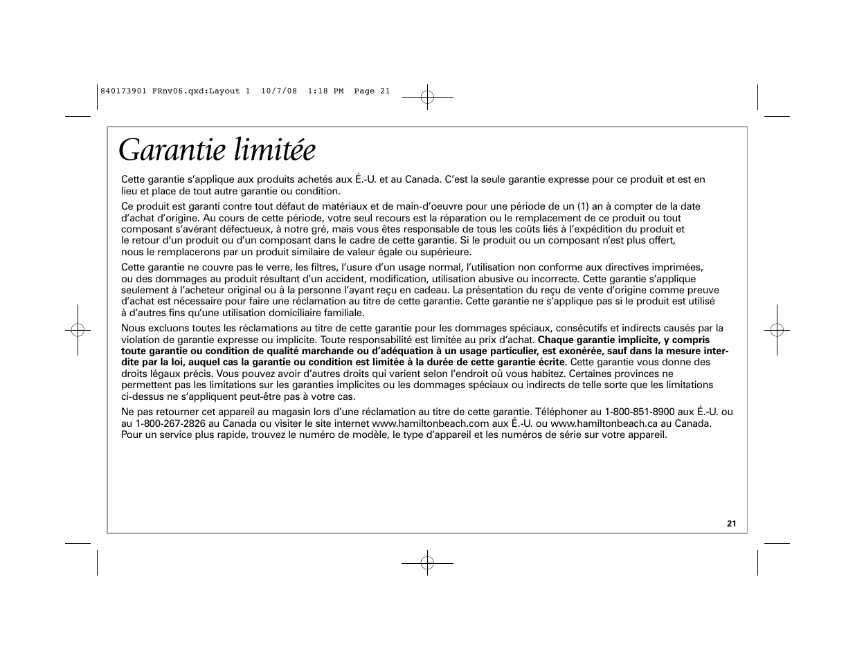 Garantie limitée | Hamilton Beach 68320 User Manual | Page 21 / 32