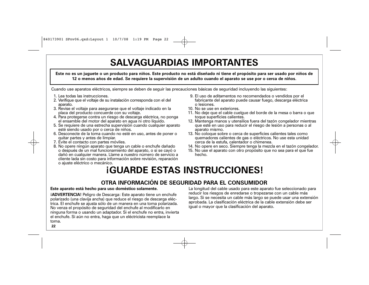 Salvaguardias importantes, Guarde estas instrucciones | Hamilton Beach 68320 User Manual | Page 22 / 32