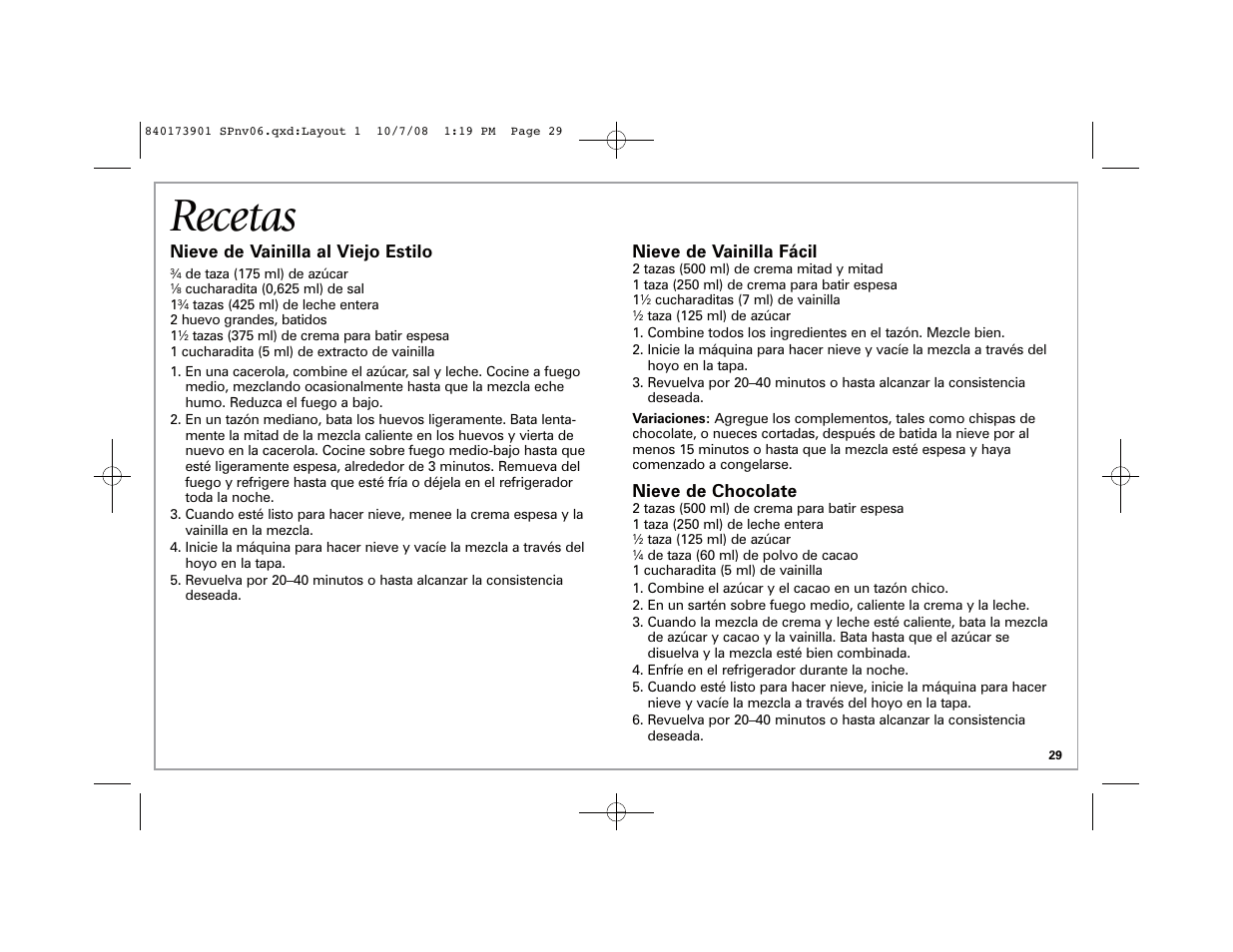 Recetas, Nieve de vainilla al viejo estilo, Nieve de vainilla fácil | Nieve de chocolate | Hamilton Beach 68320 User Manual | Page 29 / 32