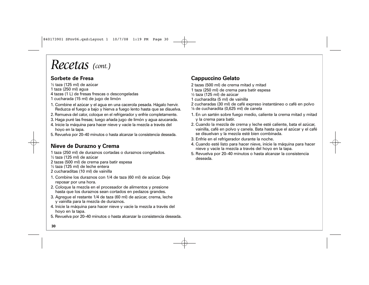 Recetas, Cont.), Nieve de durazno y crema | Cappuccino gelato | Hamilton Beach 68320 User Manual | Page 30 / 32