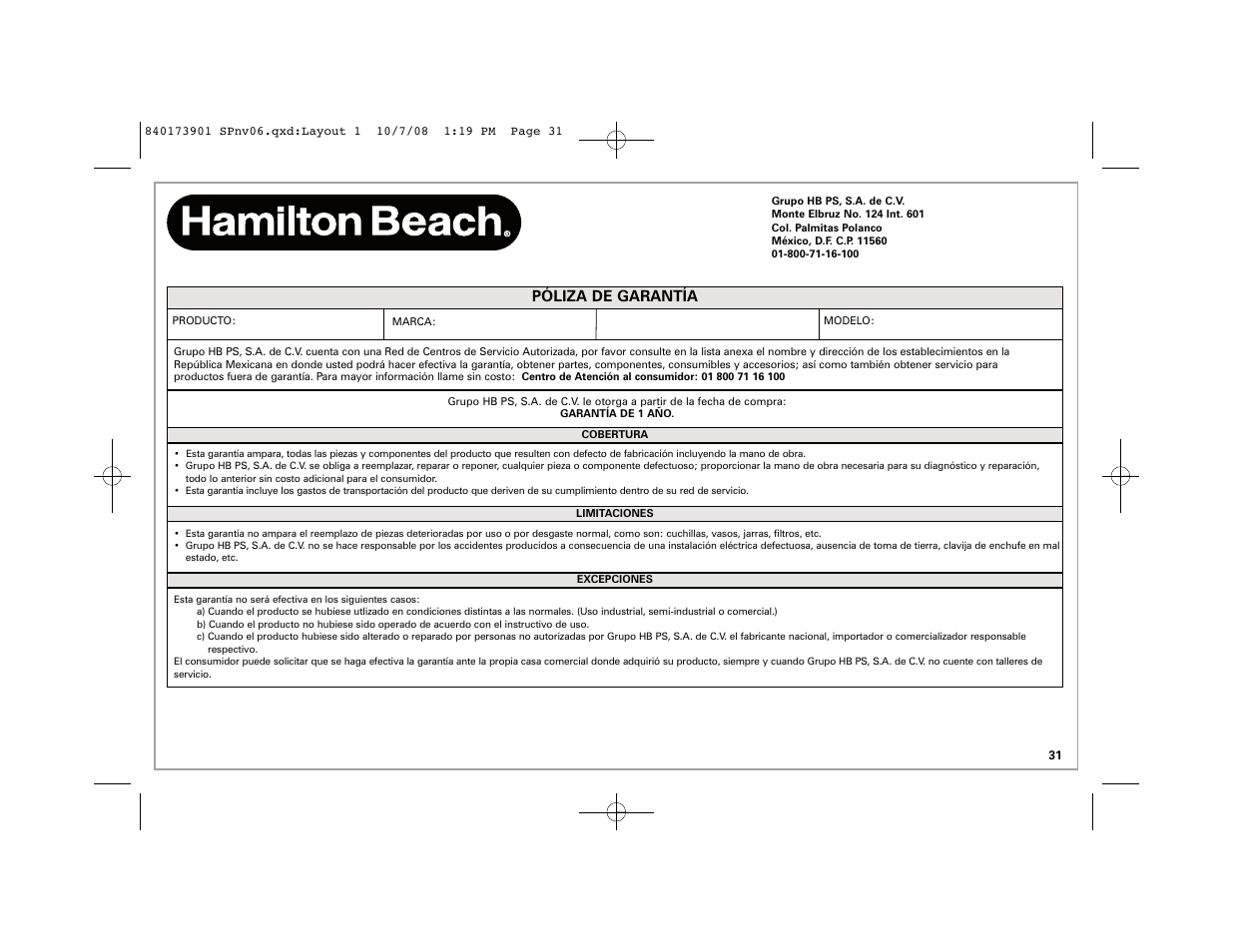 Póliza de garantía | Hamilton Beach 68320 User Manual | Page 31 / 32