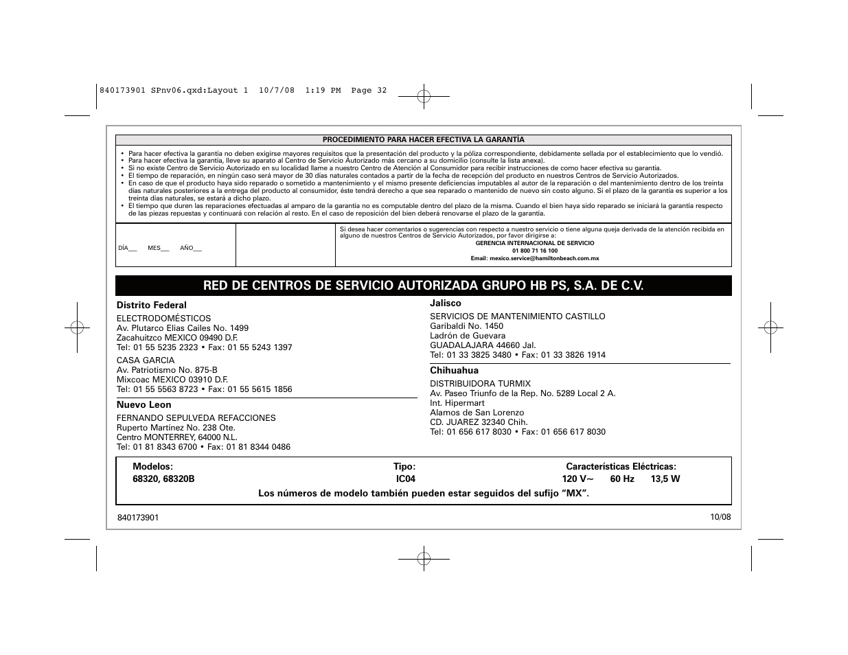 Hamilton Beach 68320 User Manual | Page 32 / 32