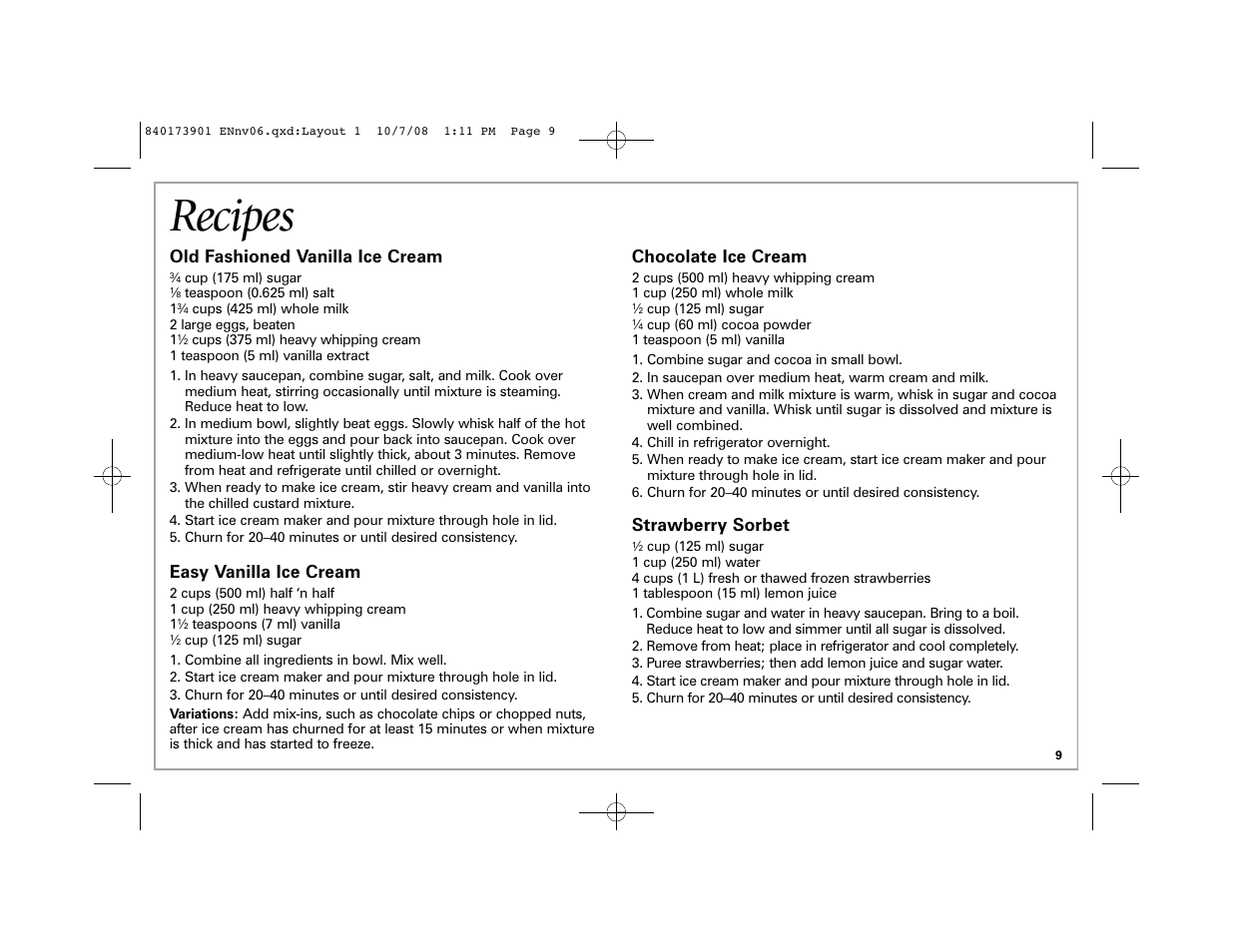 Recipes, Old fashioned vanilla ice cream, Easy vanilla ice cream | Chocolate ice cream, Strawberry sorbet | Hamilton Beach 68320 User Manual | Page 9 / 32