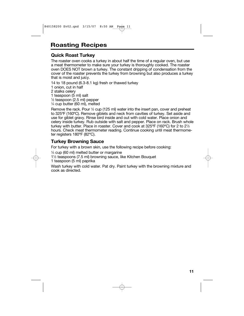 Roasting recipes, Quick roast turkey, Turkey browning sauce | Hamilton Beach Roaster Oven User Manual | Page 11 / 40