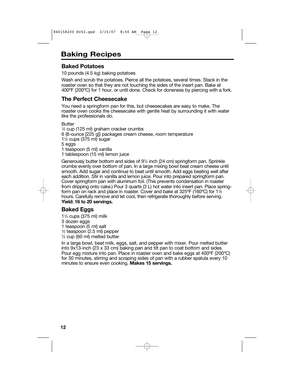 Baking recipes, Baked potatoes, The perfect cheesecake | Baked eggs | Hamilton Beach Roaster Oven User Manual | Page 12 / 40