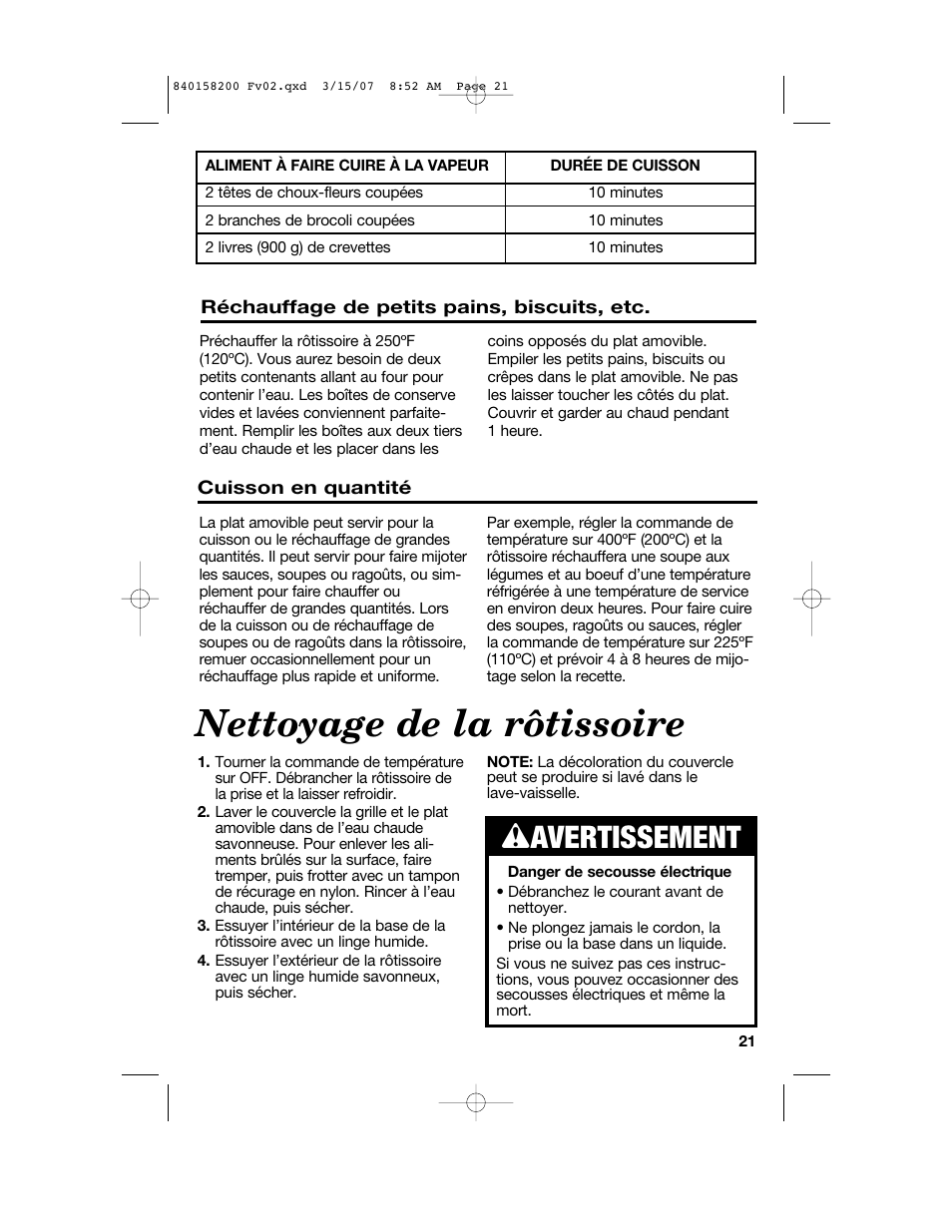 Nettoyage de la rôtissoire, W avertissement | Hamilton Beach Roaster Oven User Manual | Page 21 / 40
