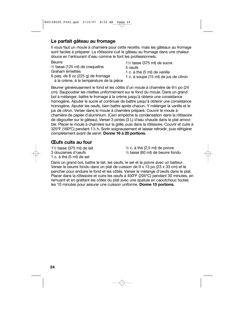 Le parfait gâteau au fromage, Œufs cuits au four | Hamilton Beach Roaster Oven User Manual | Page 24 / 40