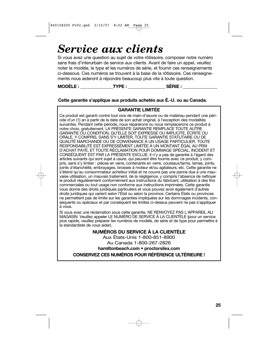 Service aux clients | Hamilton Beach Roaster Oven User Manual | Page 25 / 40