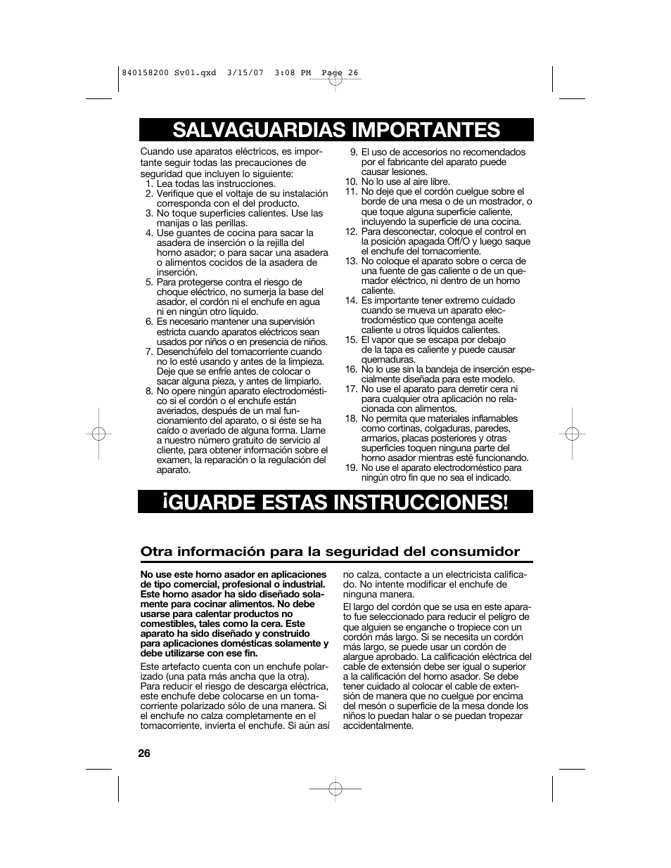 Salvaguardias importantes, Guarde estas instrucciones | Hamilton Beach Roaster Oven User Manual | Page 26 / 40