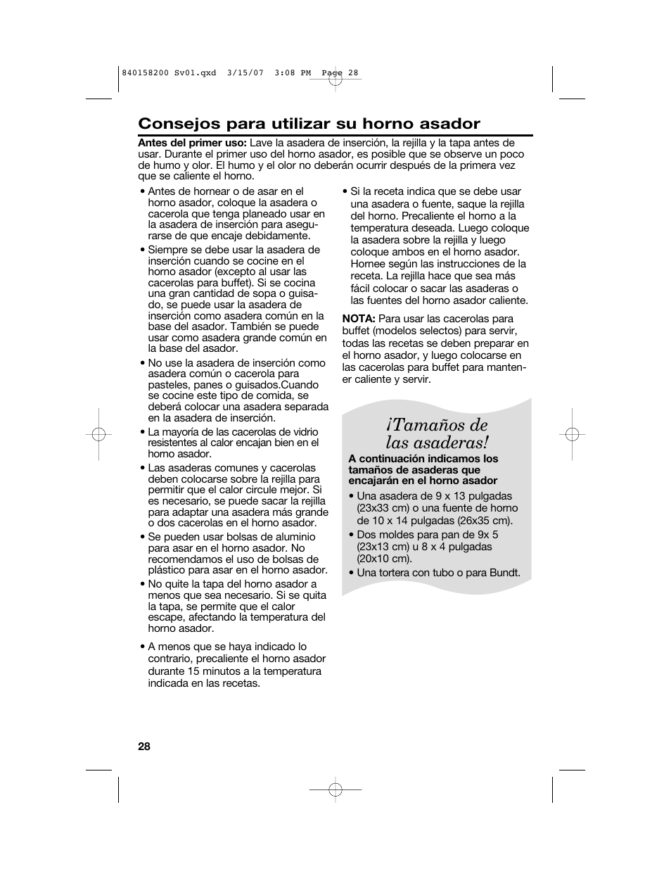 Tamaños de las asaderas, Consejos para utilizar su horno asador | Hamilton Beach Roaster Oven User Manual | Page 28 / 40