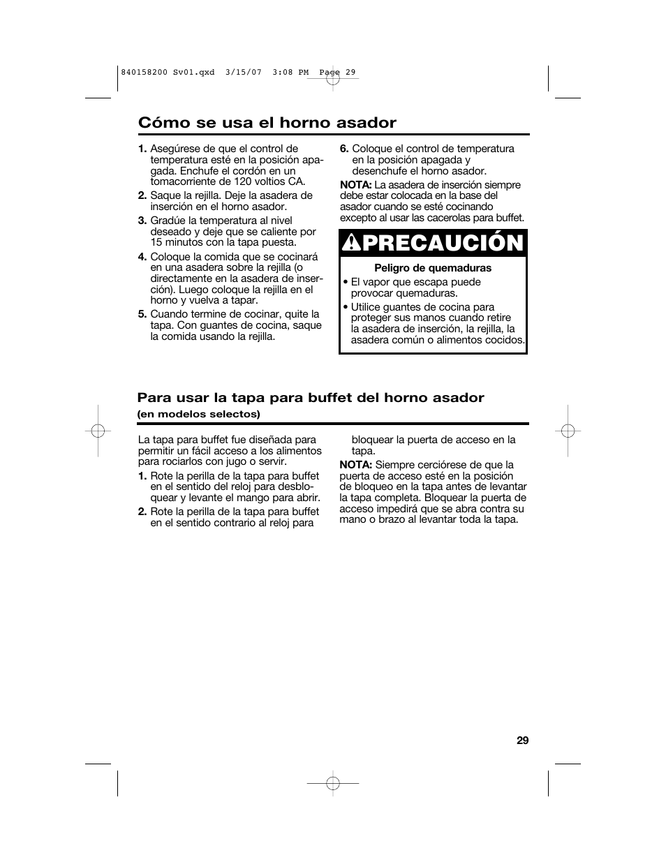 Wprecaución, Cómo se usa el horno asador | Hamilton Beach Roaster Oven User Manual | Page 29 / 40