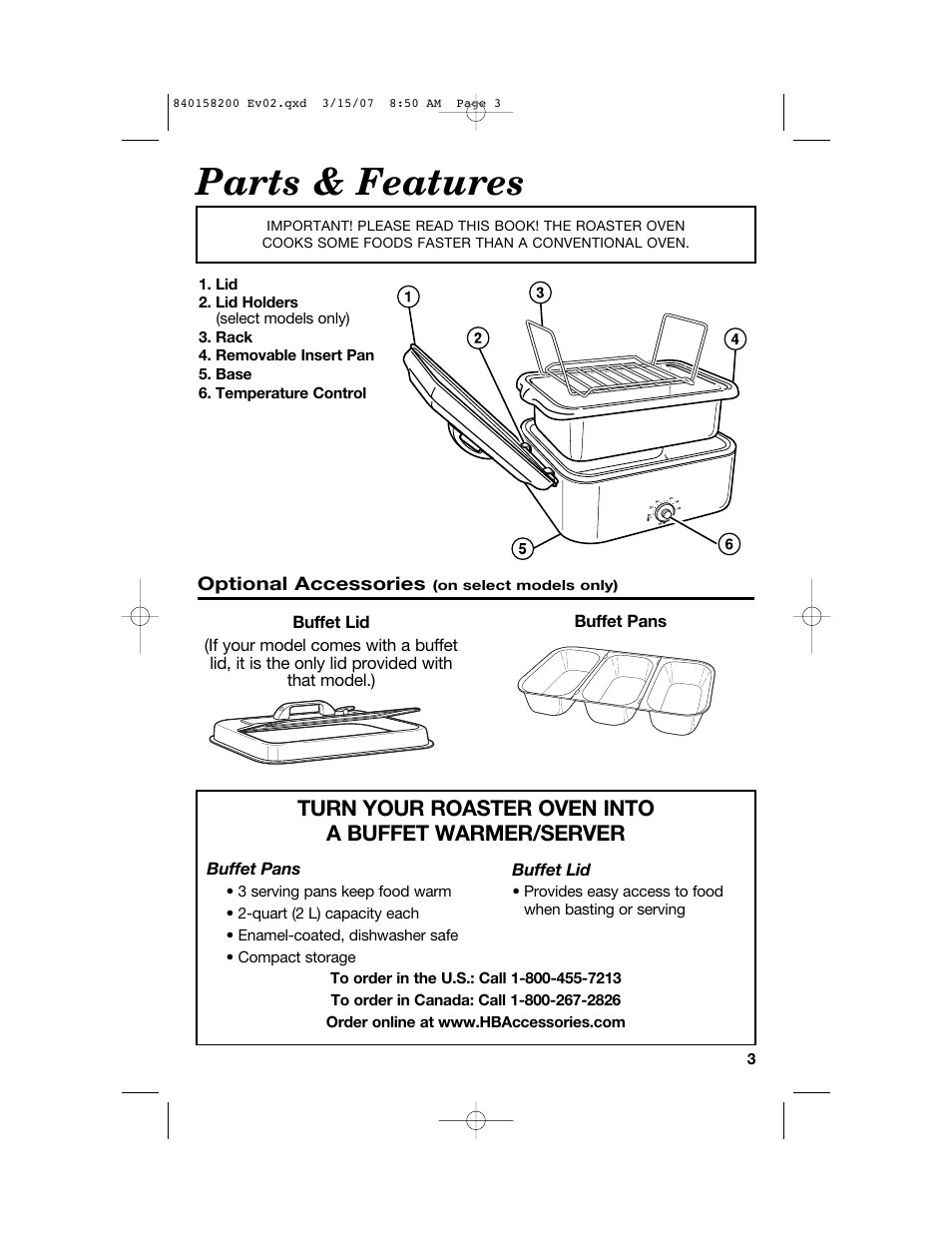 Parts & features, Turn your roaster oven into a buffet warmer/server | Hamilton Beach Roaster Oven User Manual | Page 3 / 40
