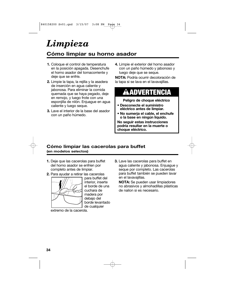 Limpieza, W advertencia, Cómo limpiar su horno asador | Hamilton Beach Roaster Oven User Manual | Page 34 / 40