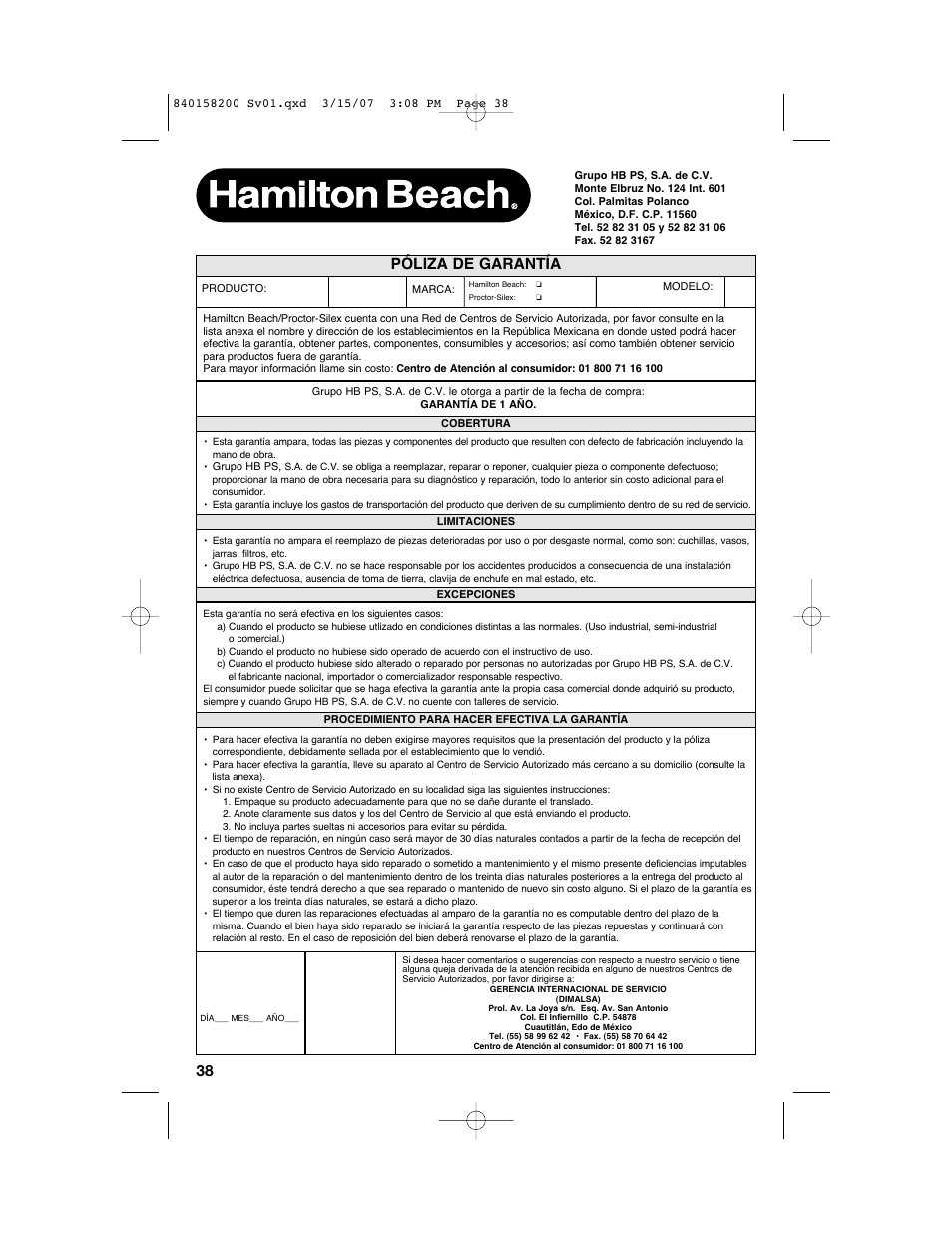 Póliza de garantía | Hamilton Beach Roaster Oven User Manual | Page 38 / 40