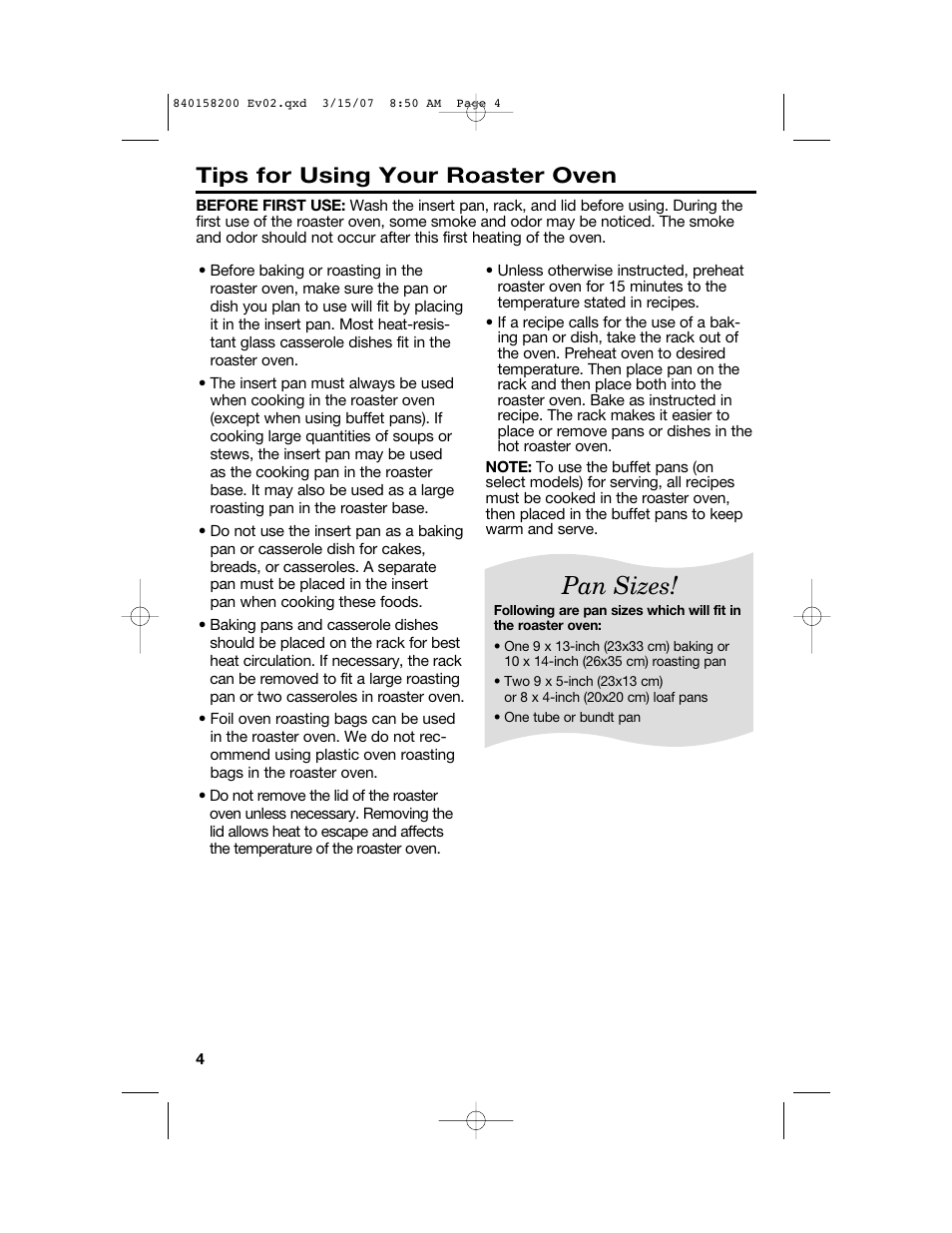 Pan sizes, Tips for using your roaster oven | Hamilton Beach Roaster Oven User Manual | Page 4 / 40