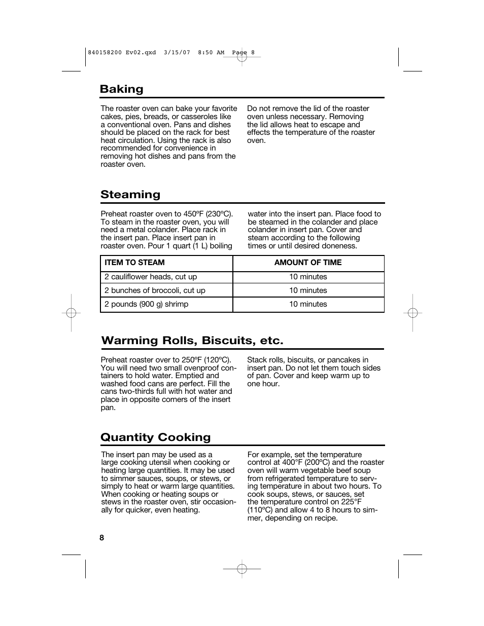 Steaming, Baking, Warming rolls, biscuits, etc | Quantity cooking | Hamilton Beach Roaster Oven User Manual | Page 8 / 40