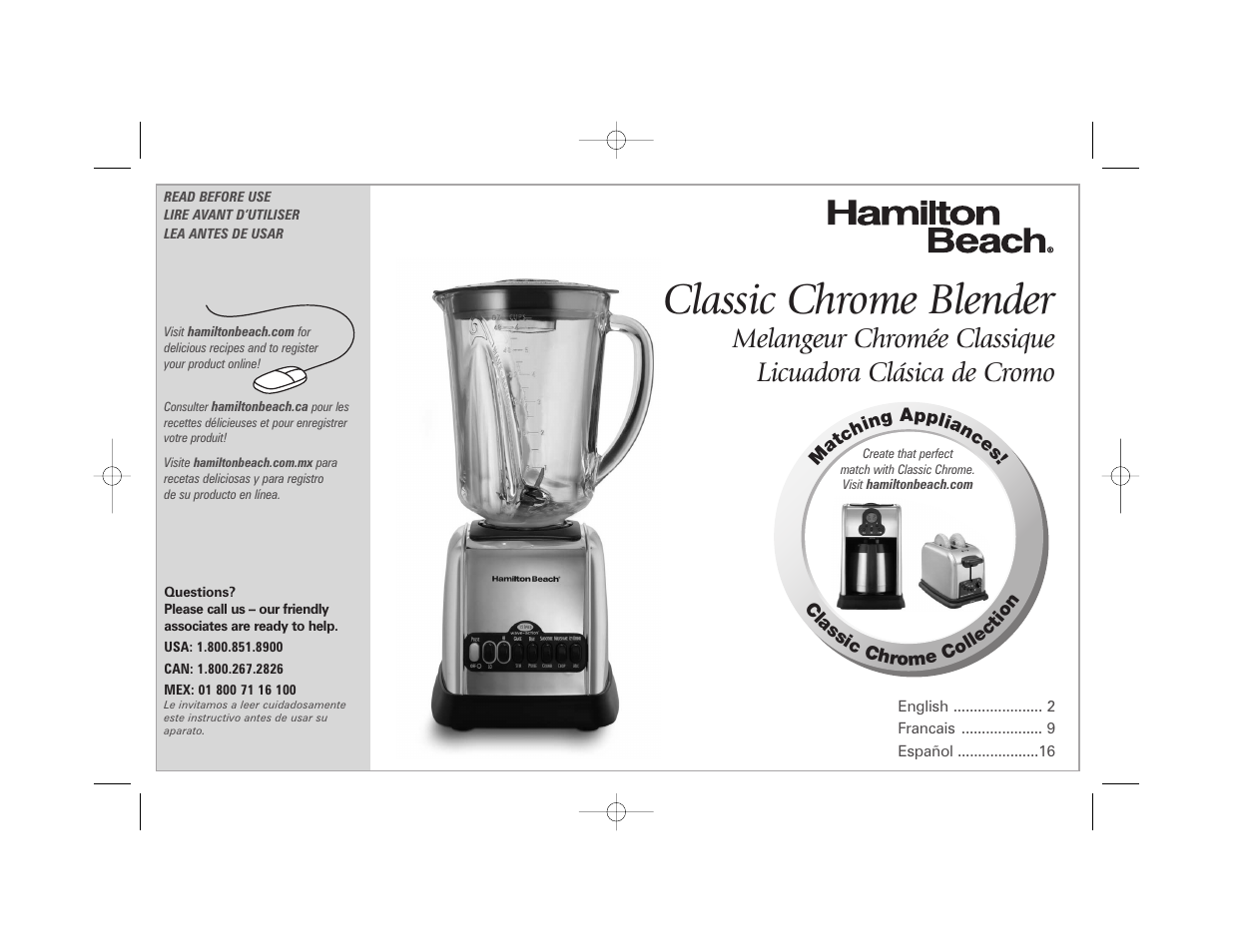 Hamilton Beach Classic Chrome Blender User Manual | 24 pages