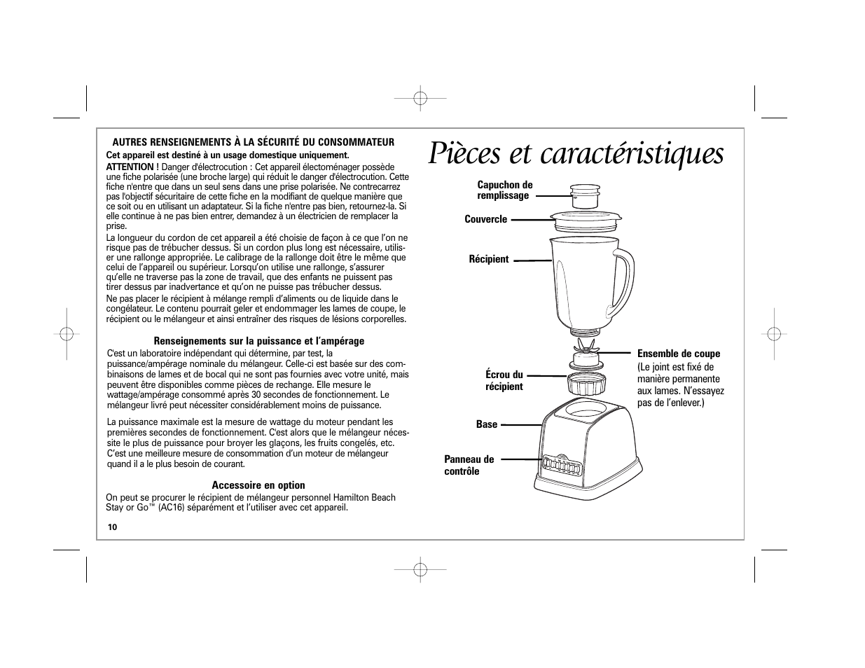 Pièces et caractéristiques | Hamilton Beach Classic Chrome Blender User Manual | Page 10 / 24