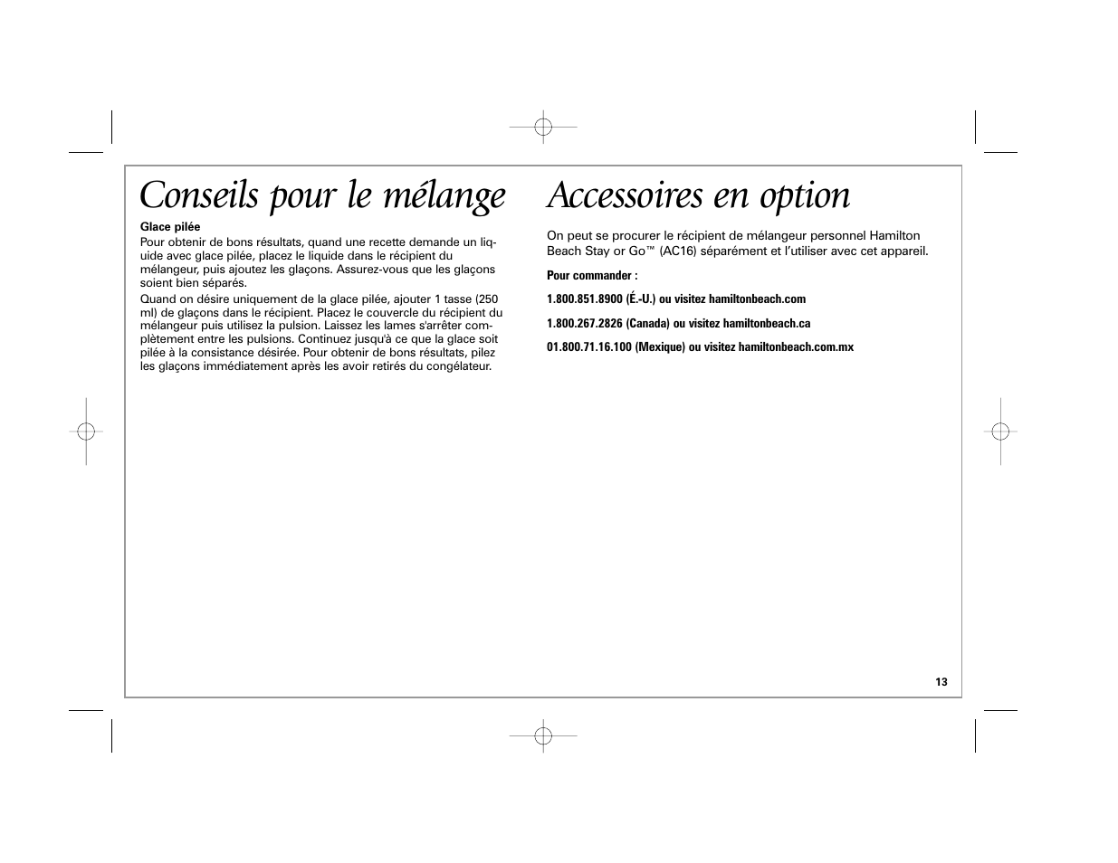 Accessoires en option, Conseils pour le mélange | Hamilton Beach Classic Chrome Blender User Manual | Page 13 / 24