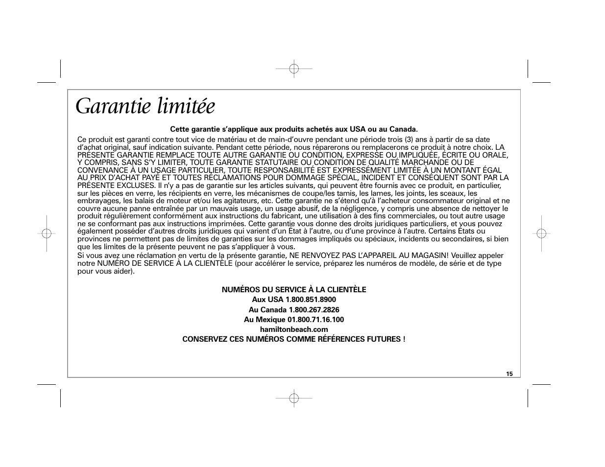 Garantie limitée | Hamilton Beach Classic Chrome Blender User Manual | Page 15 / 24