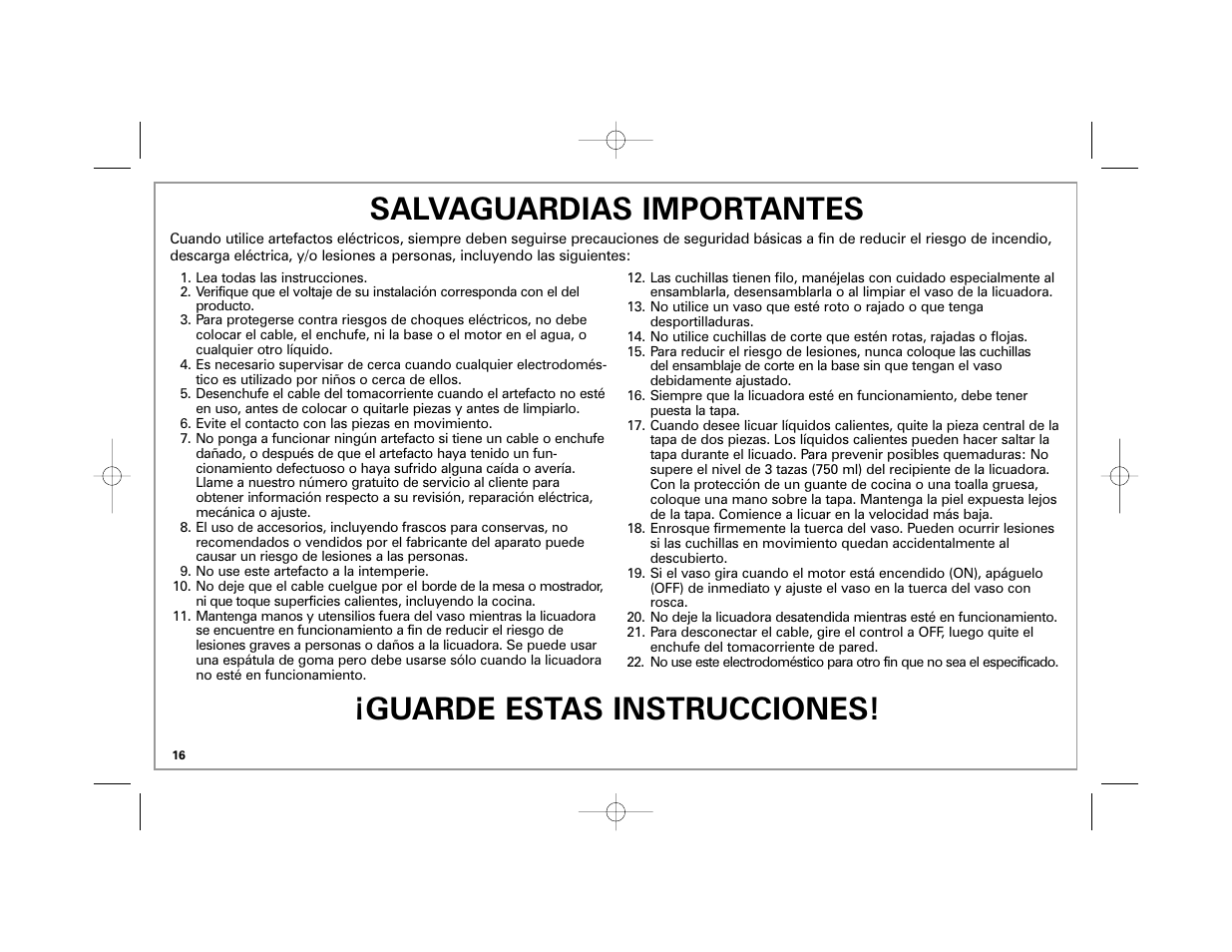 Salvaguardias importantes, Guarde estas instrucciones | Hamilton Beach Classic Chrome Blender User Manual | Page 16 / 24