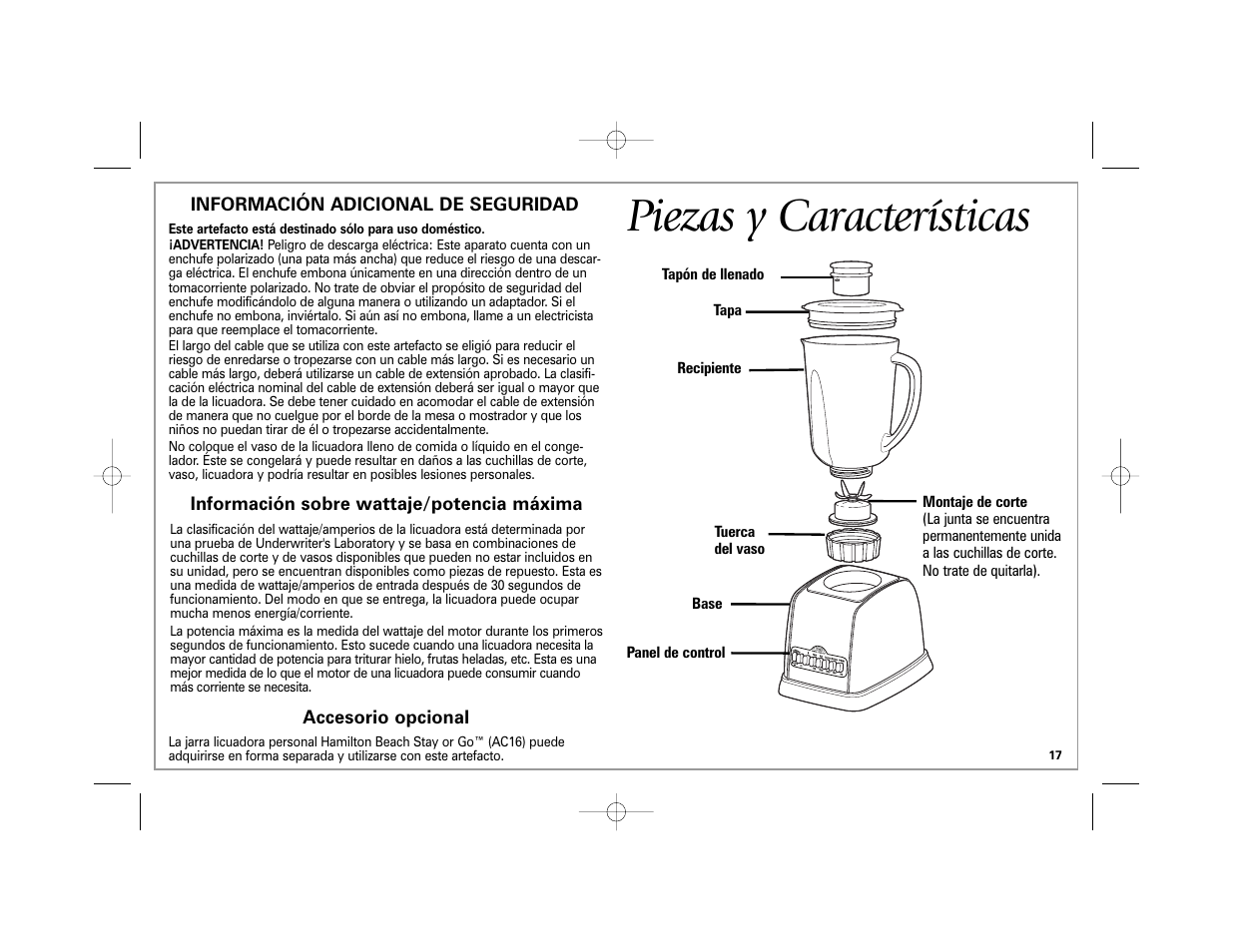 Piezas y características | Hamilton Beach Classic Chrome Blender User Manual | Page 17 / 24