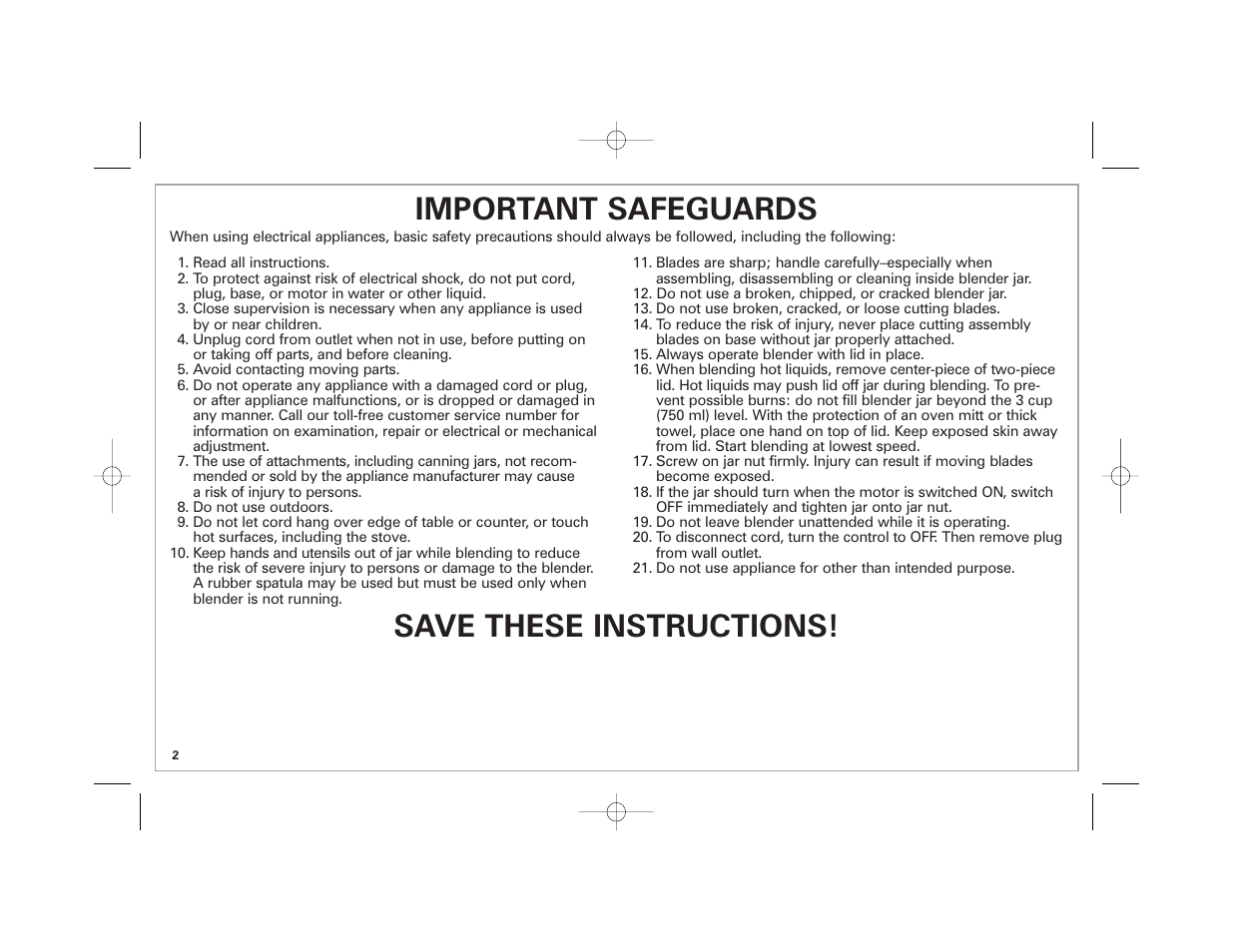 Important safeguards, Save these instructions | Hamilton Beach Classic Chrome Blender User Manual | Page 2 / 24