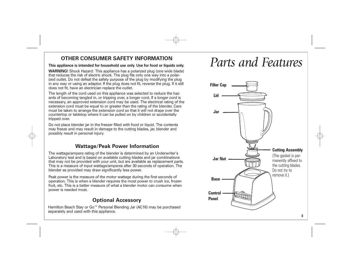 Parts and features | Hamilton Beach Classic Chrome Blender User Manual | Page 3 / 24