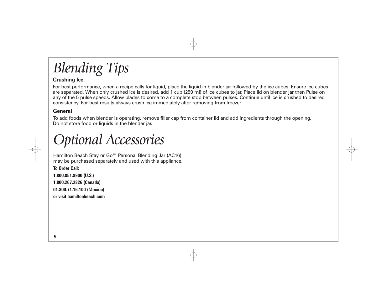 Blending tips, Optional accessories | Hamilton Beach Classic Chrome Blender User Manual | Page 6 / 24