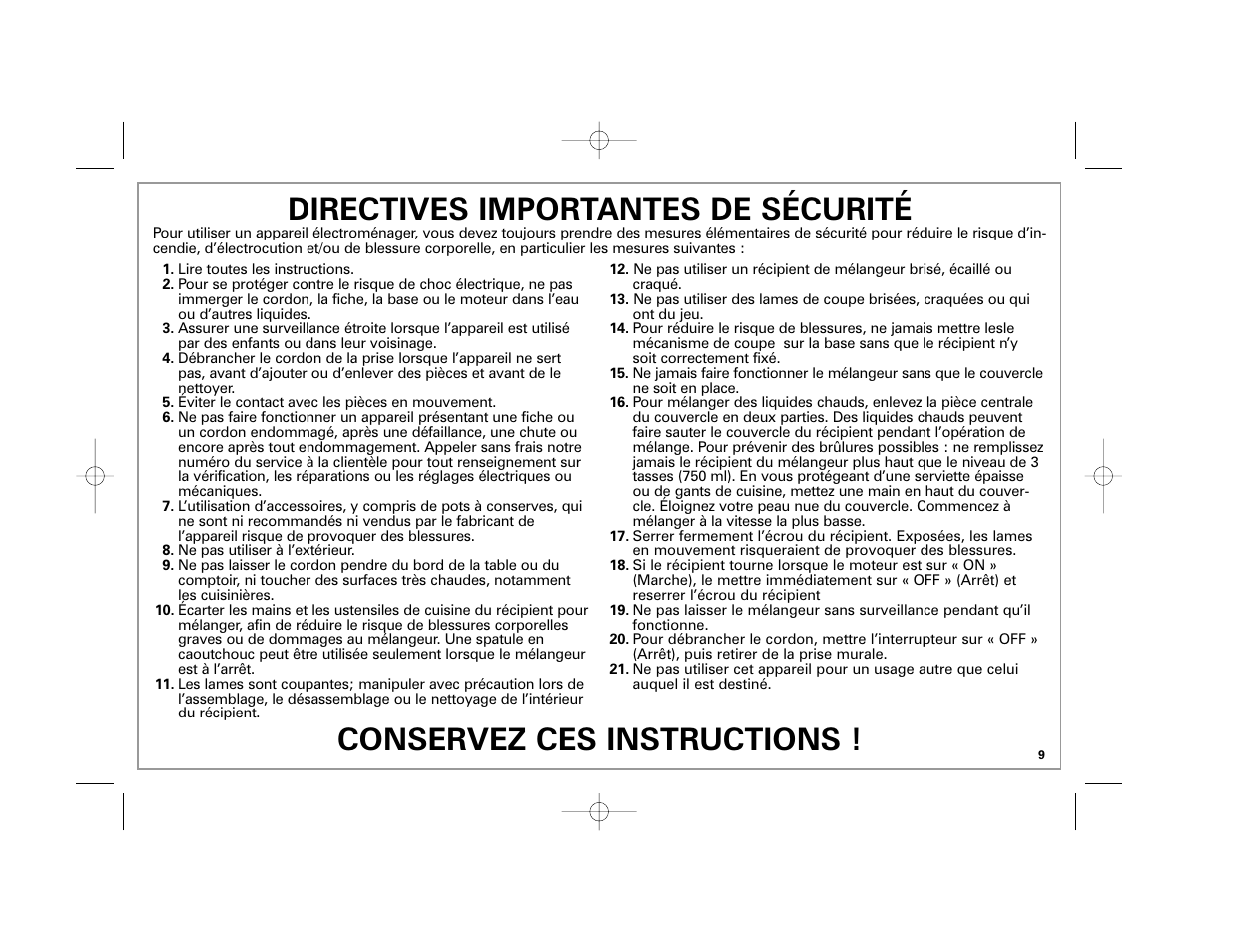 Conservez ces instructions, Directives importantes de sécurité | Hamilton Beach Classic Chrome Blender User Manual | Page 9 / 24