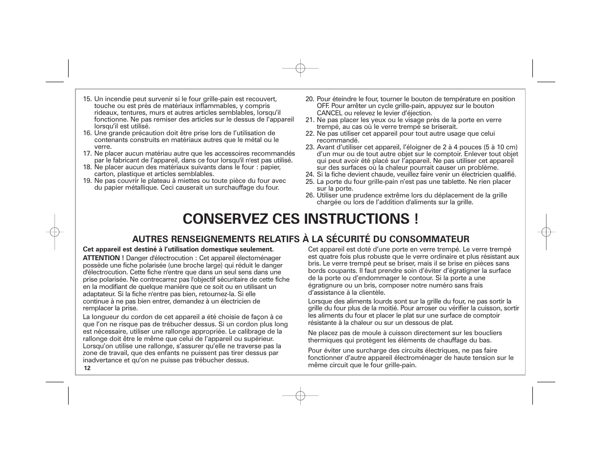 Conservez ces instructions | Hamilton Beach 22709C User Manual | Page 12 / 32